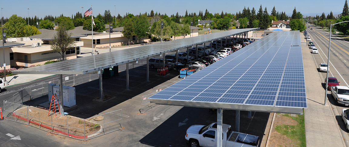 Side view of the completed canopy-based solar PV system at Clovis Unified School District's main office