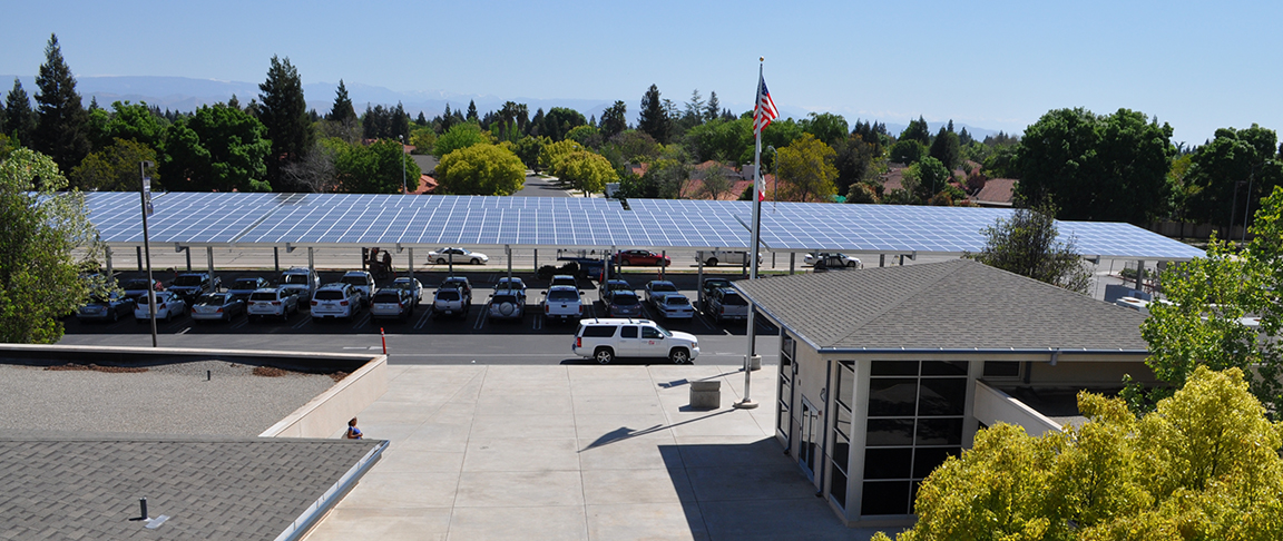 View of the completed canopy-based solar PV system at Clovis Unified School District's main office